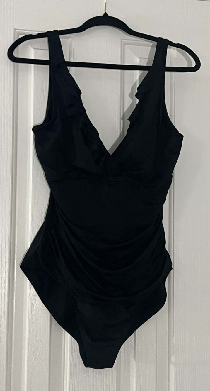 Ralph Lauren Size 16 Black Swim Body Suit Pool Beach Women Stylish Ruffled